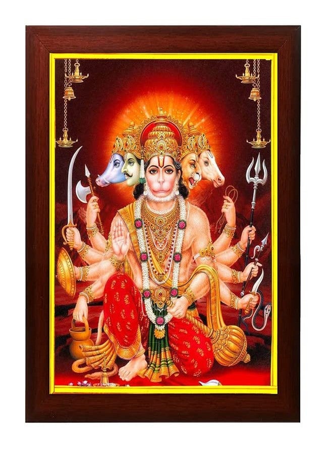 ZIG-ZAG zig zag Panchmukhi Hanuman ji Photo picture Frame For Wall hanging ,Temple, pooja Room, Worship ( 24 x 34 cm , Brown Golden Border ) - Image 1